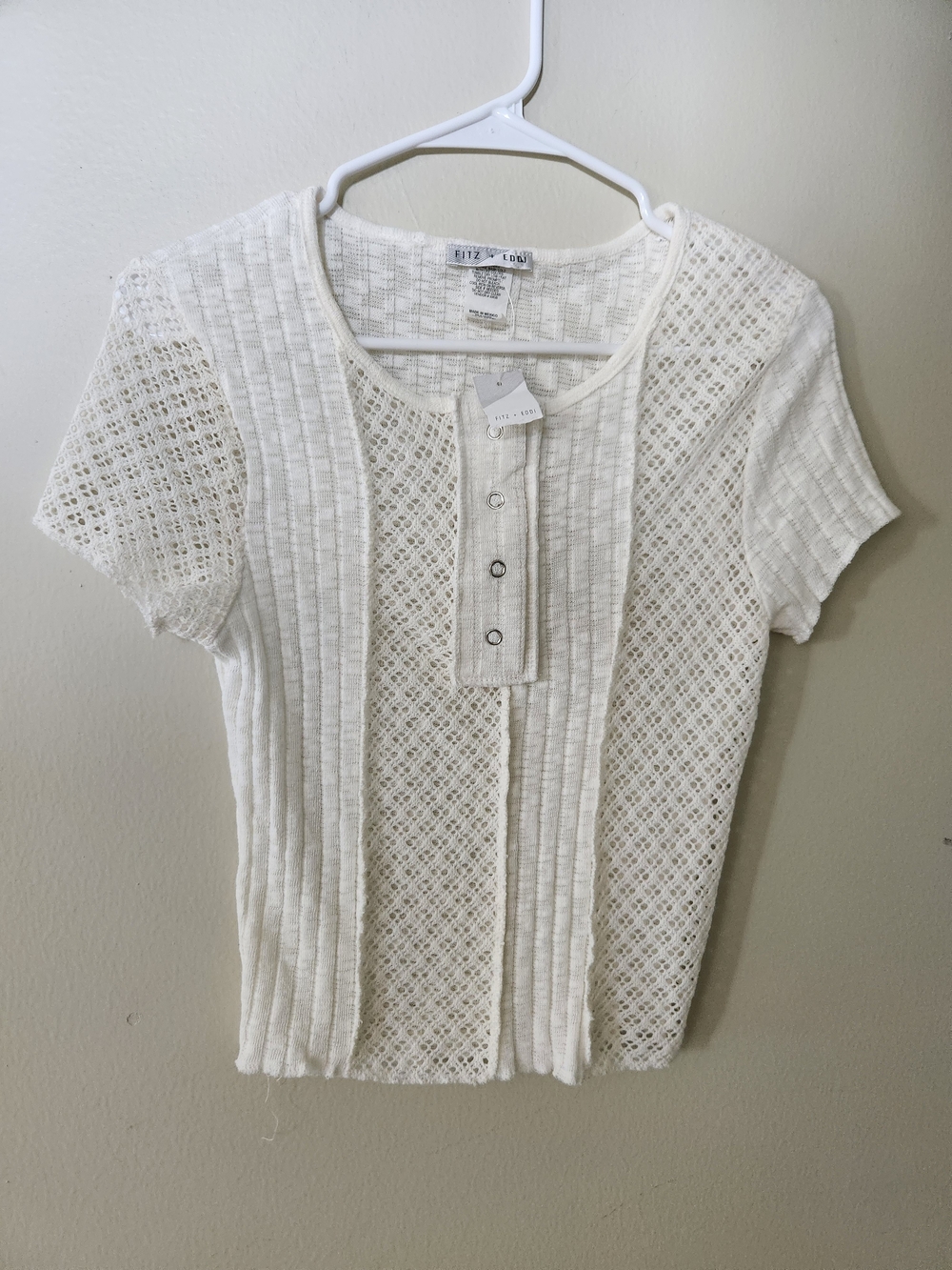 Fitz + Eddi White Short Sleeve Knit Lace-Panel Tee